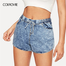 Load image into Gallery viewer, COLROVIE Blue Solid Double Pocket Casual Shorts Women Bottoms 2019 Summer Streetwear Drawstring Waist Jean Shorts For Ladies